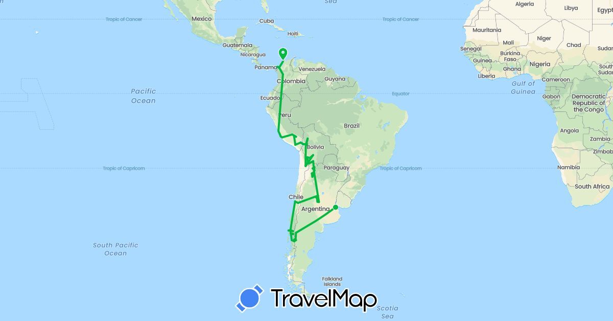 TravelMap itinerary: driving, bus in Argentina, Bolivia, Chile, Colombia, Panama, Peru (North America, South America)
